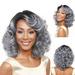 SUCS Bob Wig with Bangs Natural Ombre Silver Wig Synthetic Hair Shoulder Length Short Curly Wigs for Women