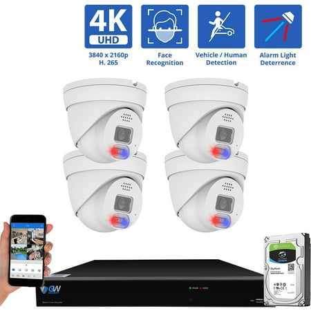 GW Security 8 Channel 12MP NVR 4K Full-Time Color Night Vision Blue & Red Alarm Lights PoE Security Camera System with (4) 8MP Two-Way Audio Outdoor Turret Cameras AI Human & Cars Detection 2TB HDD