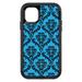 DistinctInk Case for iPhone 15 (6.1 Screen) - OtterBox Defender Custom Black Case - Blue Black Damask Pattern - Floral Damask Pattern