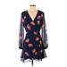 All in Favor Casual Dress - Wrap Plunge Long sleeves: Blue Floral Dresses - Women's Size Small
