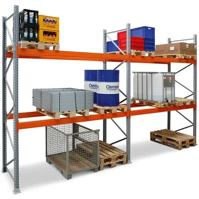 PROREGAL Palettenregal TAURUS | Grundregal | Extra-Tall | HxBxT 450x270x80cm | Fachlast 3000kg | 2 Ebenen | Silbergrau/Reinorange Image
