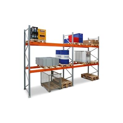 PROREGAL Palettenregal TAURUS | Grundregal | Extra-Tall | HxBxT 450x270x110cm | Fachlast 3000kg | 3 Ebenen | Silbergrau/Reinorange Image