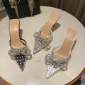 SUOJIALUN 2022 New Spring Women Slipper Bling Crystal Bow-knot punta a punta Slip On Mules Shoes