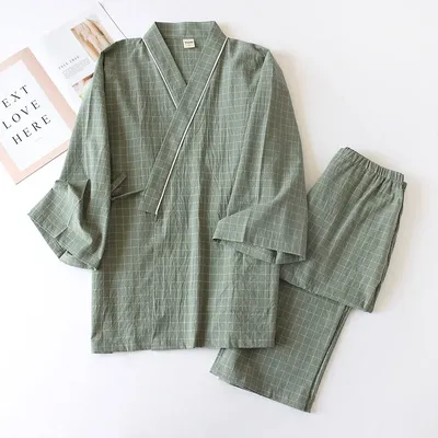 Kimono im japanischen Stil, Baumwollgaze, Frühlings- und Herbst-Herren-Nachthemd mit Karomuster, Image