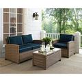 3 Piece Bradenton Outdoor Loveseat Wicker Seating Set with Navy Cushions - Weathered Brown