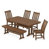 POLYWOOD Vineyard Side Chair 6-Piece Farmhouse Dining Set with Trestle Legs and Bench in Teak