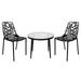 19 x 23 x 23 in. Devon Mid-Century Modern 3 Piece Aluminum Outdoor Patio Dining Set with Tempered Glass Top Table & 2 Stackable Flower Design Chair Black