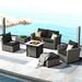 HOOOWOOO Outdoor Furniture 7-piece Patio Curved Armrest Wicker Sectional Set with Fire Pit Table