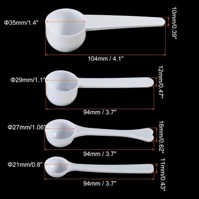 3.7/4.1" x 0.8/1.1/1.4" 1/3/5/10g Long Handle Plastic Measuring Spoons, 8Pcs - White