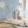 White Full Size House Bed Wood Four Poster Bed w/ Roof Floor Bed Frame