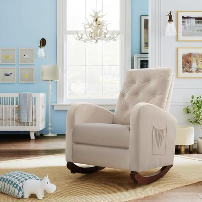 High Back Rocking Sofa Beige Nursery Chair Velvet Rocker Single Sofa Modern Lounge Armchair Nursery Nap Chair Slipper Chair