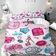 MOUMOUHOME Watercolor Pink Blue Doodle Pattern Duvet Covers Double Size 3D Printed Bedding Sets Cartoon Lips Diamond Bag High Heels Fashion Comforter/Duvet Cover Sets White Background, No Filler