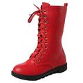 DADAWEN Girls Leather Winter Warm Lace-up Zipper Mid Calf Combat Riding Boots Red 11 Child UK