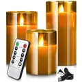 USB Rechargeable LED Flameless Pillar Golden Glass Candle set Flickering Moving Wick Paraffin Wax