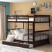 Full Over Full Bunk Bed with 2 Storage Drawers, Solid Wood Bunk Bed Frame with Ladders, Bedroom Furniture