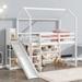 Twin Size House Loft Bed with Slide & Storage Shelves, Playhouse Design Solid Wood Loft Bed Frame with Light, White