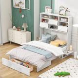 Queen Murphy Bed with Bookcase, Wood Murphy Cube Cabinet Bed with Bedside Shelves and Drawer, Modern Platform Murphy Bed, White