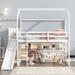 Twin Size Wood House Loft bed with Slide,Storage shelves & Light,White