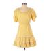 Peach Love Casual Dress - Mini Scoop Neck Short sleeves: Yellow Checkered/Gingham Dresses - Women's Size Small