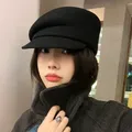Béret en Laine Incurvé pour Femme Chapeau de Peintre Noir Chaud Octogonal Japon Automne Hiver
