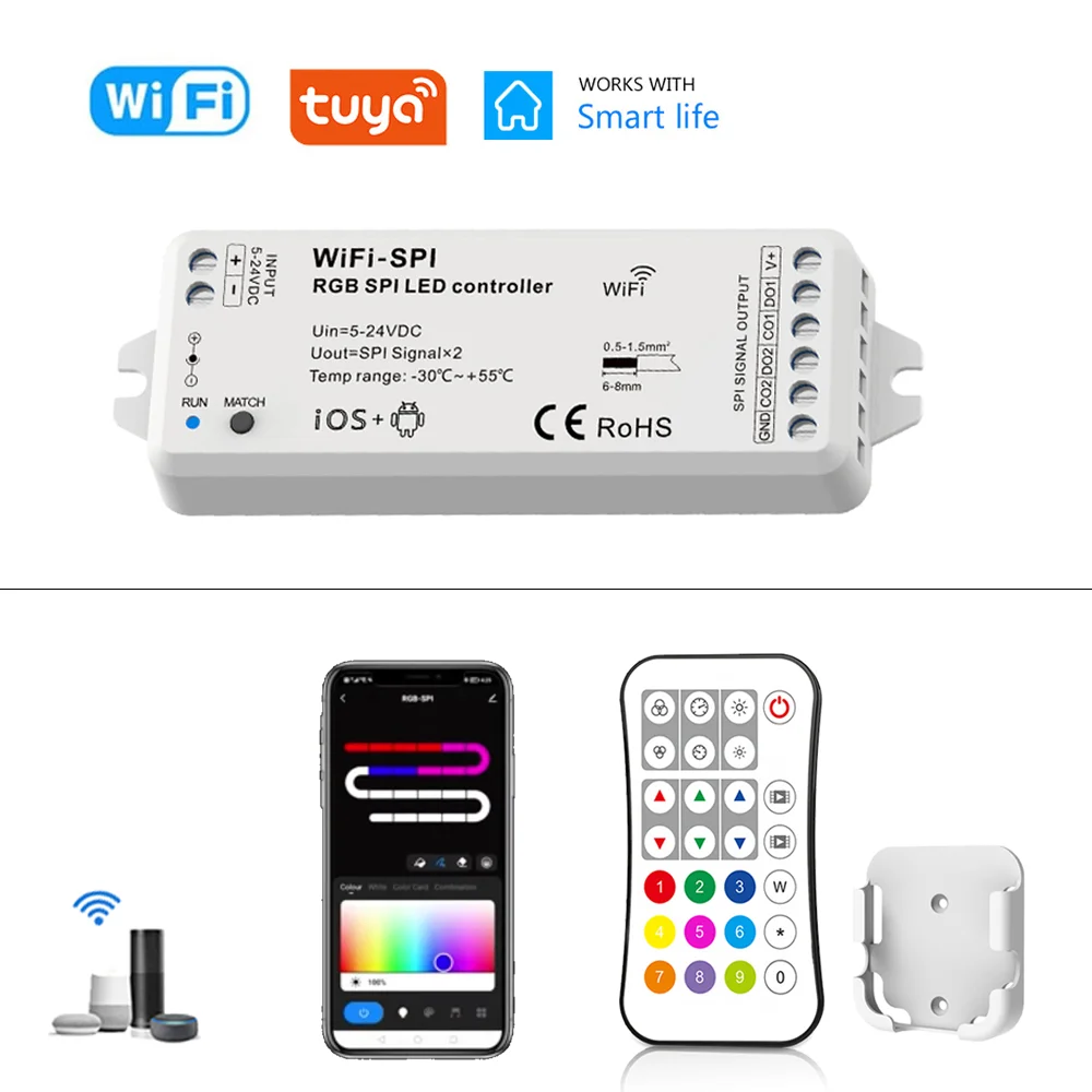 Tuya Smart Life WiFi SPI LED Controller WS2812B WS2811 TM1803 TM1804 Pixel Strip Light DC5-24V APP controllo vocale fr Alexa Google