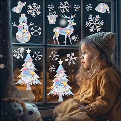 Cartoon Elch Schneemann Santa Claus Fenster Aufkleber Weihnachts kranz Weihnachts baum Glas Image