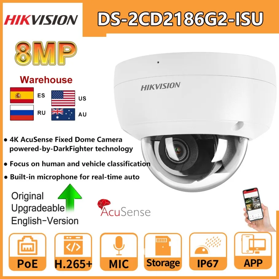 Hikvision IP-Kamera 8MP Dome-Kamera DS-2CD2186G2-ISU 4K POE Integriertes Mikrofon Audio und Alarm IP67 Original AcuSense Darkfighter Image
