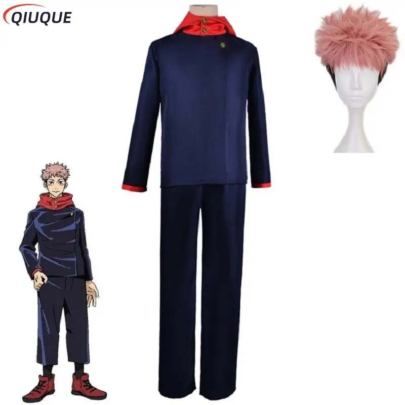 Yuji Itadori Cosplay Kostüm Männer Frauen Anime Outfits Perücken Marineblau / Schwarz Tops Hosen Sportbekleidung Image