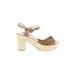 Paul Green Heels: Espadrille Chunky Heel Feminine Tan Print Shoes - Women's Size 5 - Open Toe