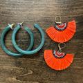 Anthropologie Jewelry | Anthropologie Statement Earring Bundle Hoops Orange Embroidered Fringe Fans | Color: Green/Orange | Size: Os