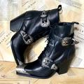 Free People Shoes | Free People Briar Buckle Lace Up Boot Leather Pewter Etch Tip Black | Color: Black/Silver | Size: 37/7