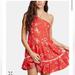 Free People Dresses | Free People All Mine Orange Linen One Shoulder Floral Ruffle Dress Size L | Color: Red | Size: L