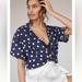 Anthropologie Tops | Anthropologie Maeve Navy White Polka Dot Button Down Blouse Cuffed Size Medium | Color: Blue/White | Size: M