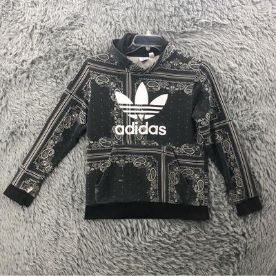 Adidas Tops | Adidas Youth Large Fit Womens Small Logo Spellout Paisley Kangaroo Pocket Hoodie | Color: Black/White | Size: S