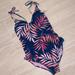 Jessica Simpson Swim | Jessica Simpson Nwt One Piece Swimsuit Pink Multi Palms Textured Fabric New! L | Color: Blue/Pink | Size: L