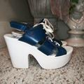 Anthropologie Shoes | Anthropologie Shellys London Retro 70's Blue & White Lace-Up Platform Sandals | Color: Blue/White | Size: 9