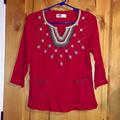 Free People Tops | Anthro Kor Company Red Embroidered Multi-Color Yoke Style Boho Top Euc Xs | Color: Red | Size: Xs