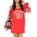 Free People Dresses | Free People Embroidered Off Shoulder Mini Dress Medium Puff Sleeves Boho Peasant | Color: Red | Size: M