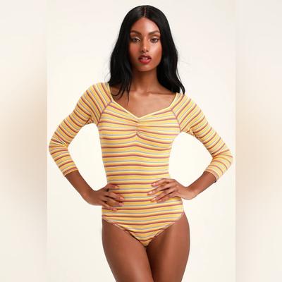 Free People Tops | Free People Put A Stripe On It Printed Bodysuit L Nwot | Color: Orange/Yellow | Size: L