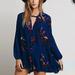 Free People Dresses | Free People Royal Blue Bohemian Vibes A-Line Long Sleeve Mini Tunic Dress Small | Color: Blue/Pink | Size: S