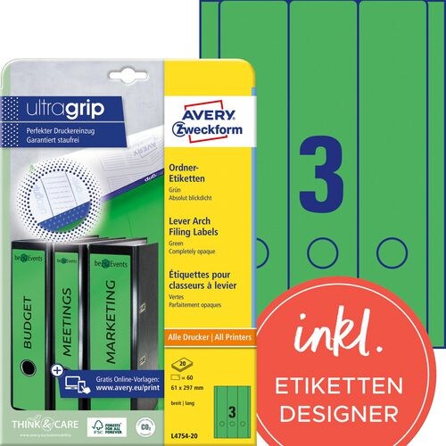 AVERY Zweckform ultragrip Ordneretiketten L4754-20 Selbsthaftend DIN A4 Grün 6,1 x 29,7 cm 20 Blatt à 3 Etiketten Image