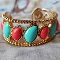 Lilly Pulitzer Jewelry | Lilly Pulitzer Shiny Gold Tone Cuff Bracelet Faux Turquoise And Coral Nib New | Color: Blue/Orange | Size: See Description