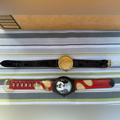 Disney Accessories | Lot Of 2 Mickey Watches. 1 Plastic Band Whimsical Face, 1 Gold Face Golf Mickey | Color: Gold/Red | Size: Os