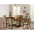 Maykoosh French Country 7-Pc Dinette Set With Chair?S Legs And Dark Khaki Linen Fabric Chairs Set Of Six And Dining Table - Antique Walnut And Distressed Jacobean Finish