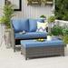 HBBOOMLIFE 2-Piece Outdoor Patio Wicker Love-seat and Coffee Table Set with Built-in Bin Grey Rattan Navy Blue Cushions