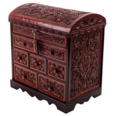 Formidable Falcon,'Cedar and Leather Jewelry Box with Key from Peru'