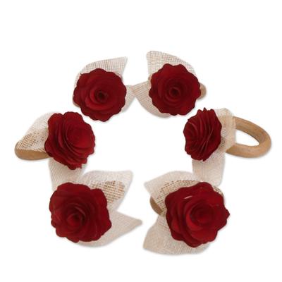 Claret Red Roses,'6 Wood and Natural Fiber Claret Red Floral Napkin Rings'