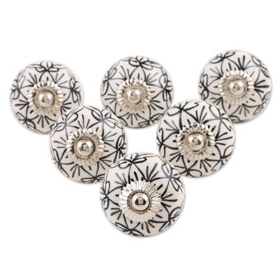 White Flowers,'Black and White Ceramic Floral Knobs from India (Set of 6)'