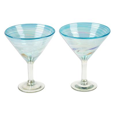 Waves of Sophistication,'2 Turquoise and White Martini Glasses Handblown in Mexico'