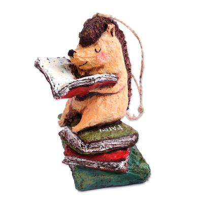 'Hand-Painted Papier Mache Ornament of Hedgehog and Books'